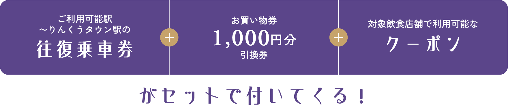 ご利用可能駅〜りんくうタウン駅の往復乗車券・お買い物券1,000円分引換券・対象飲食店舗で利用可能なクーポンがセットで付いてくる！